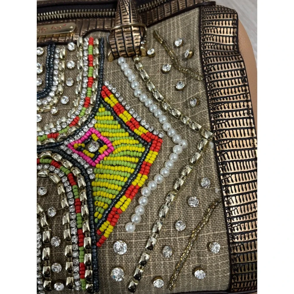 Nicole Lee Beaded Crystal Satchel Bag Metallic Bronze Tan Geometric Boho Handbag